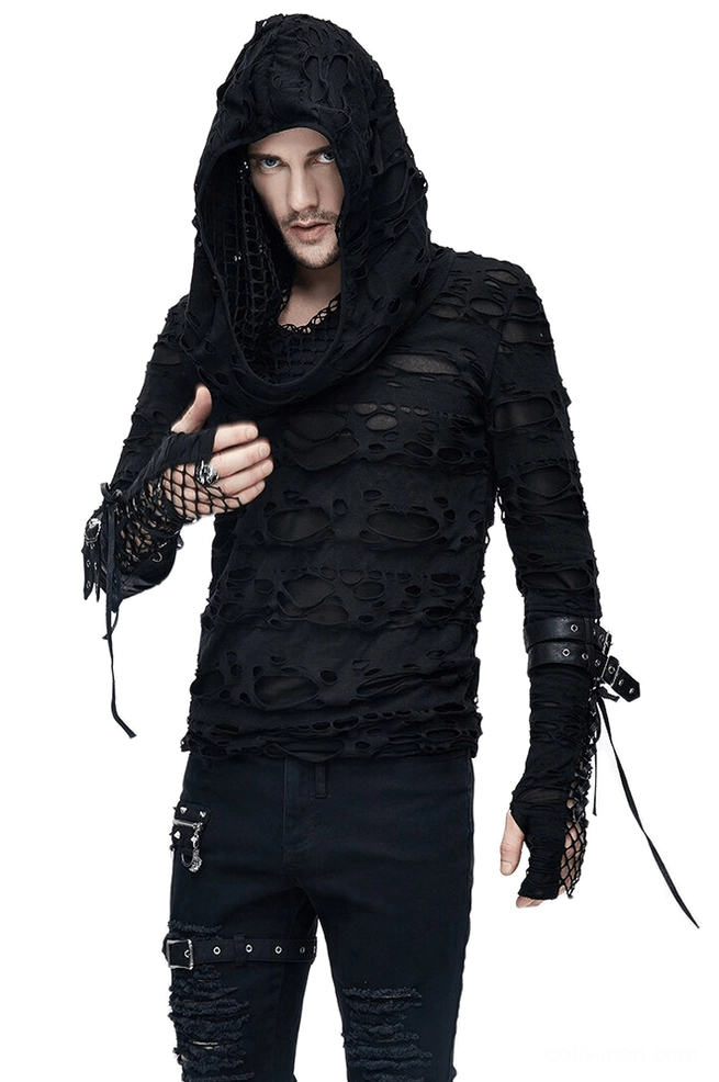 Men's black gothic ripped hoodie with mesh panels, shown on male model with hood up against white studio background