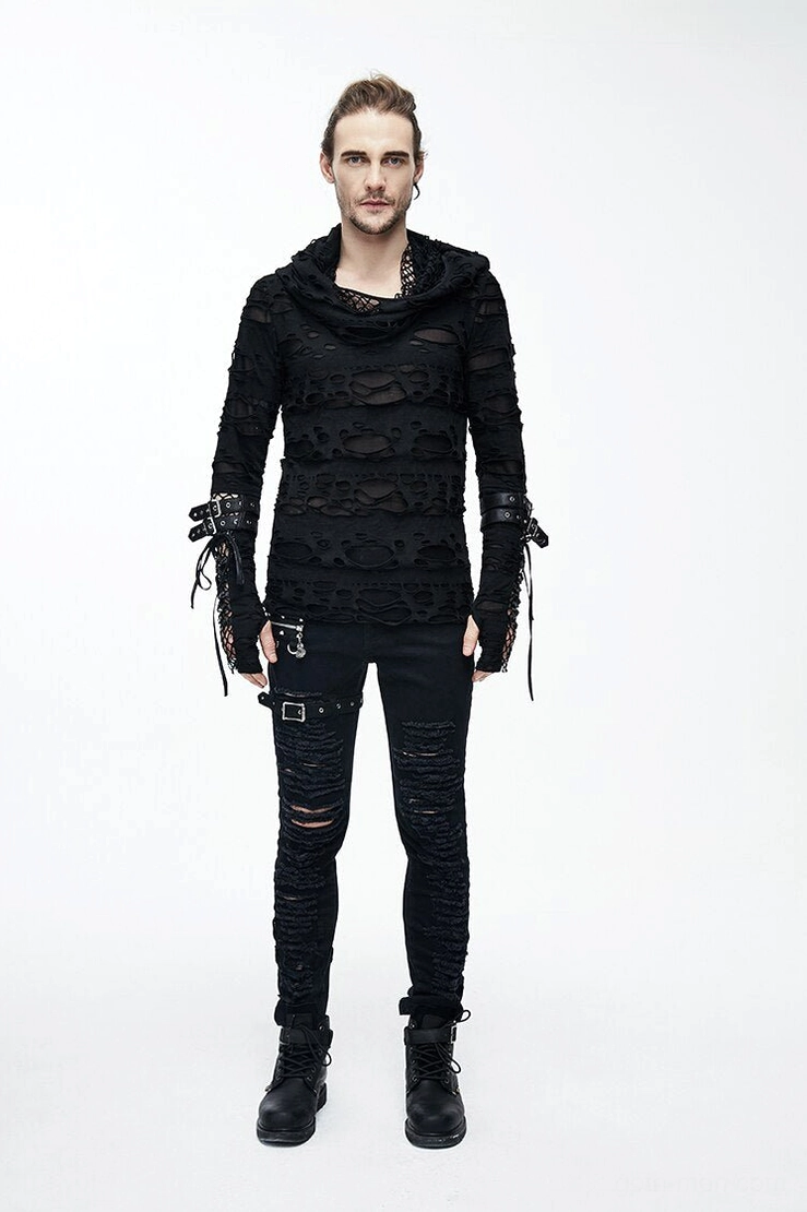 Black gothic ripped hoodie full garment lay-flat display, showing all distressed elements and fitted silhouette