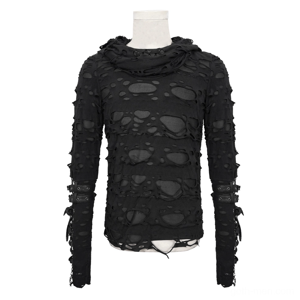 Black gothic ripped hoodie on dress form front view, distressed cut-out fabric with arm buckle strap details