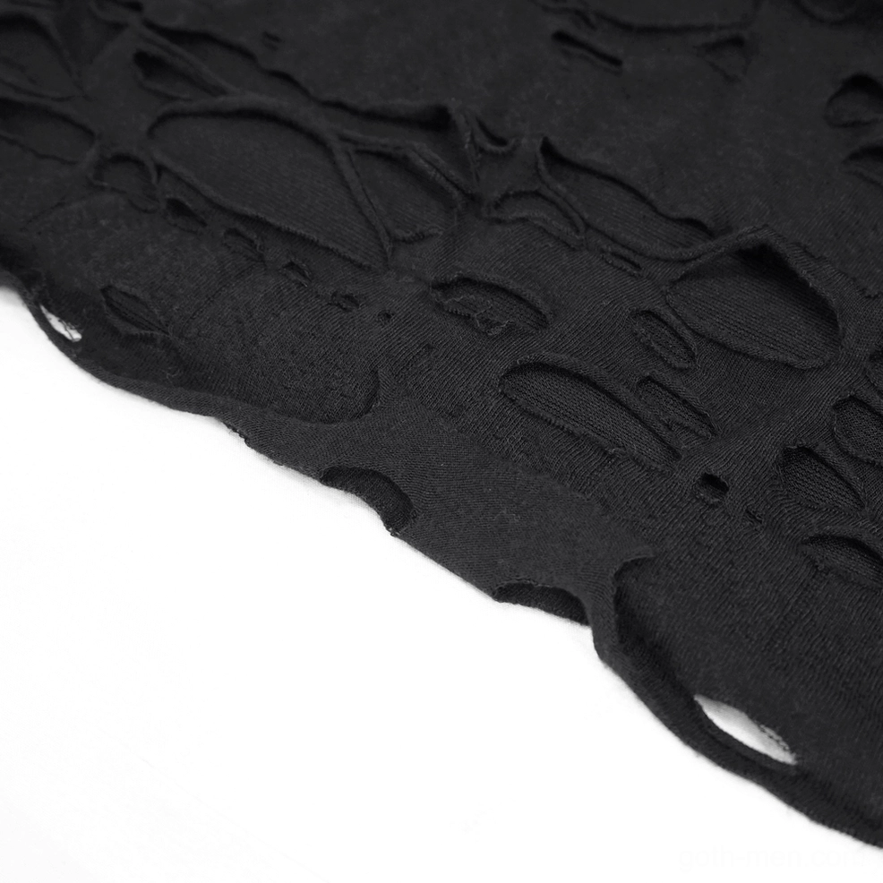 Black gothic ripped hoodie fabric close-up, showing distressed knit texture and mesh panel construction detail