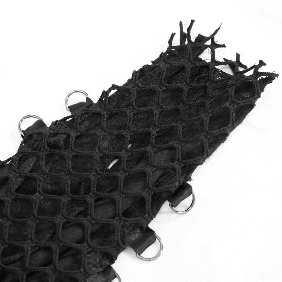 Black fishnet mesh fingerless glove accessory, close-up flat lay with frayed distressed fabric and metal D-ring hardware