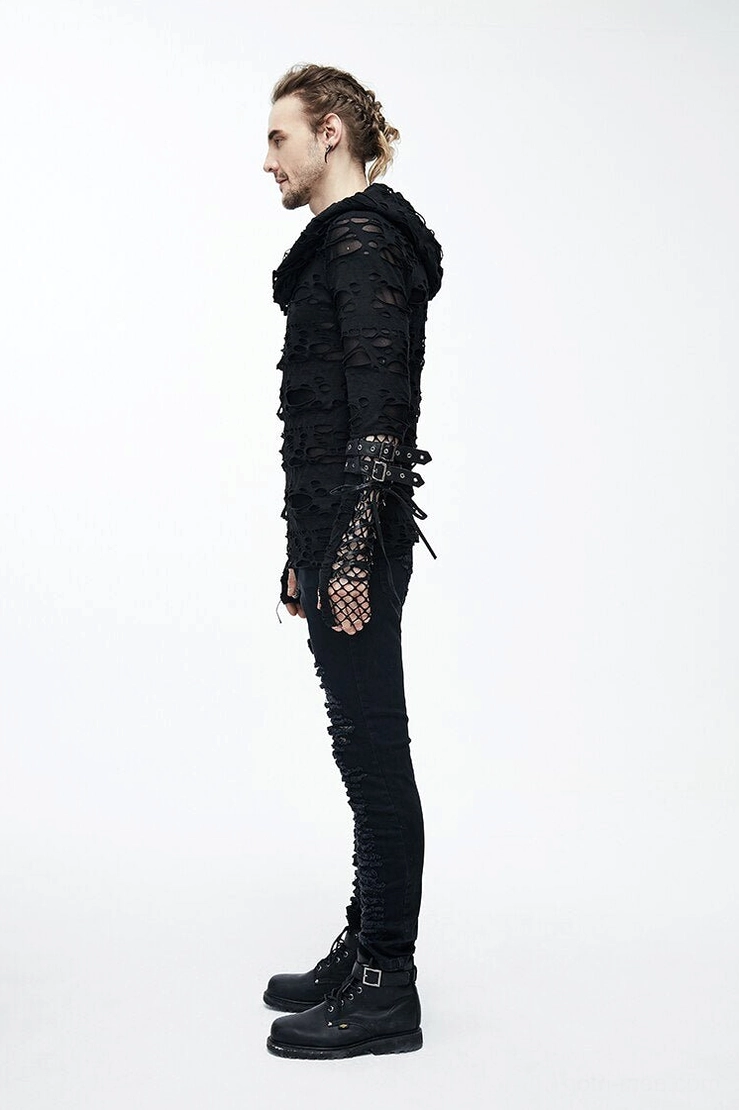 Black gothic ripped hoodie hood and neckline detail, showing structural design and distressed fabric quality