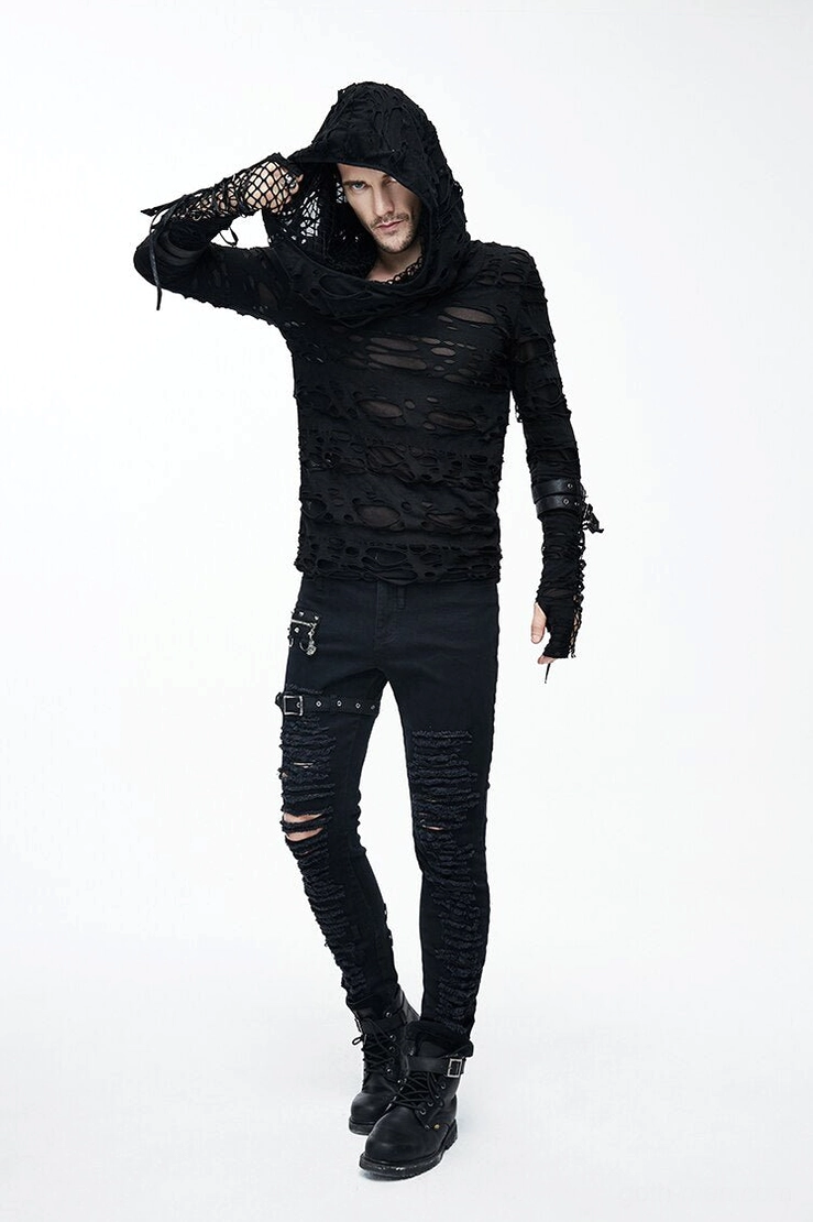 Black gothic ripped hoodie layering potential, showing how distressed areas create visual interest for styling options