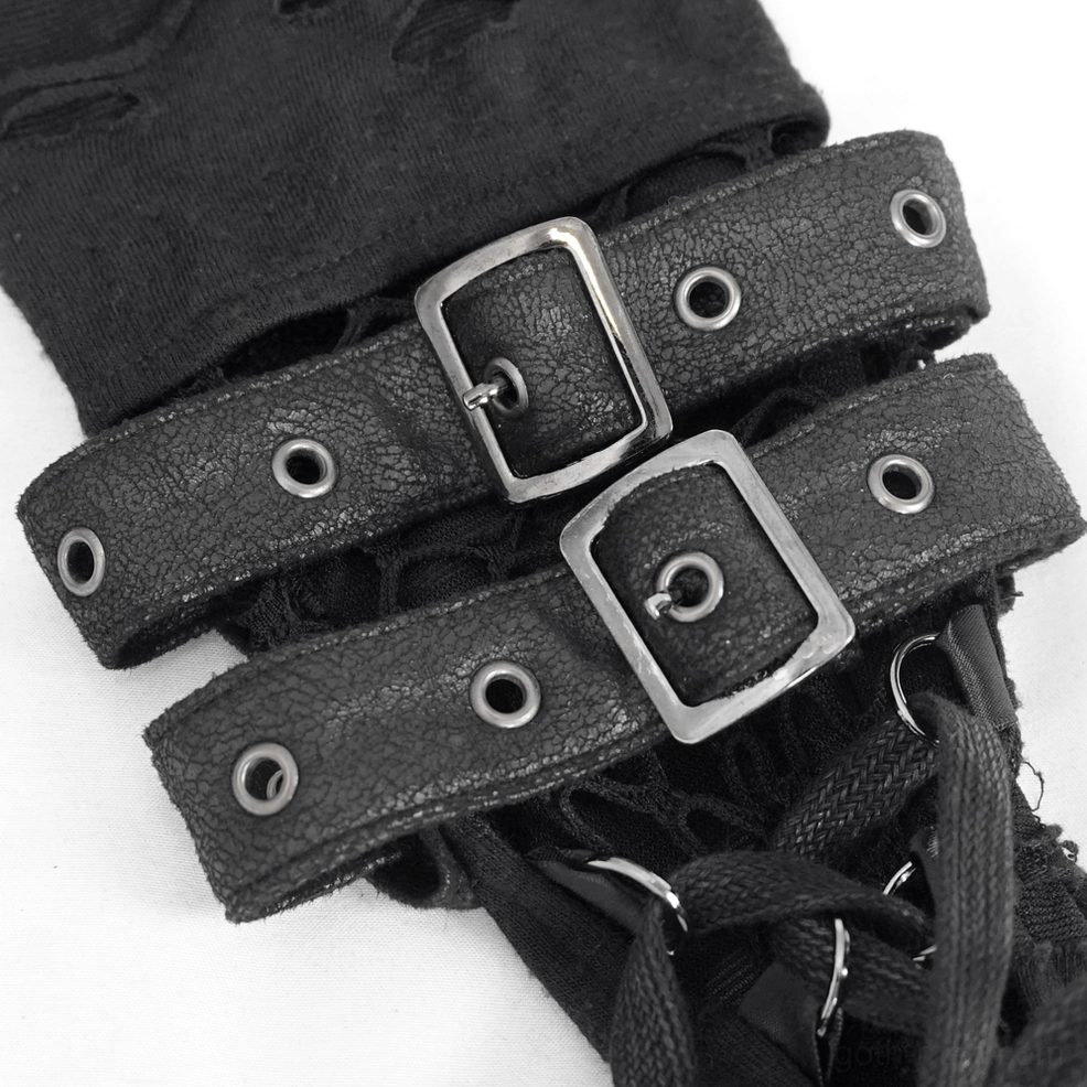 Black faux leather wrist strap accessory pair, close-up flat lay showing buckle and eyelet details for gothic styling