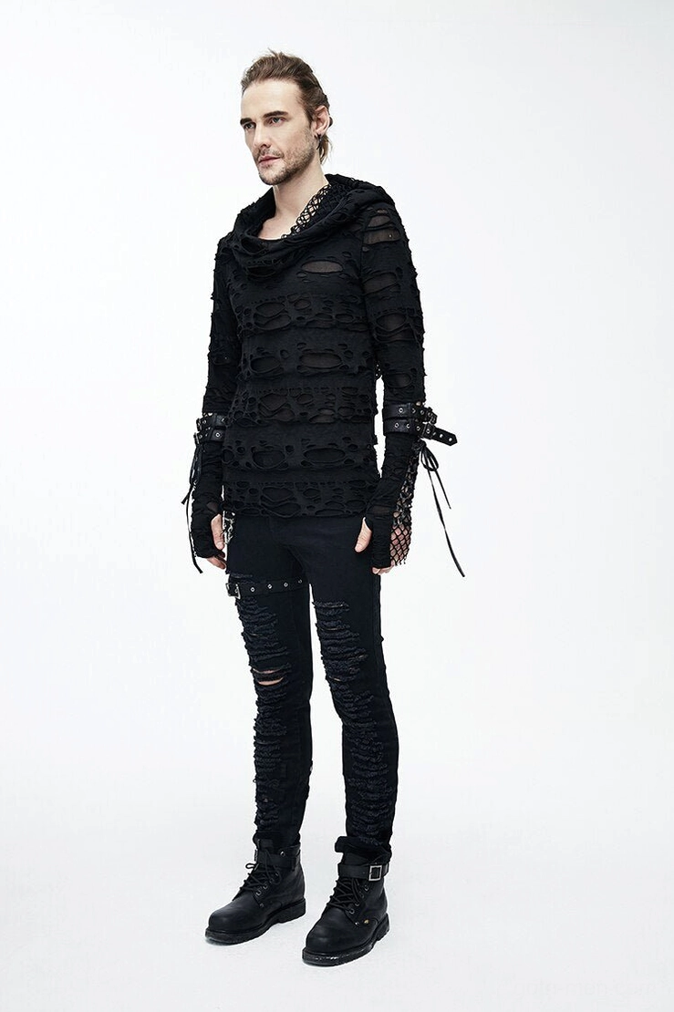Black gothic ripped hoodie product lifestyle shot, alternative fashion styling in real-world context