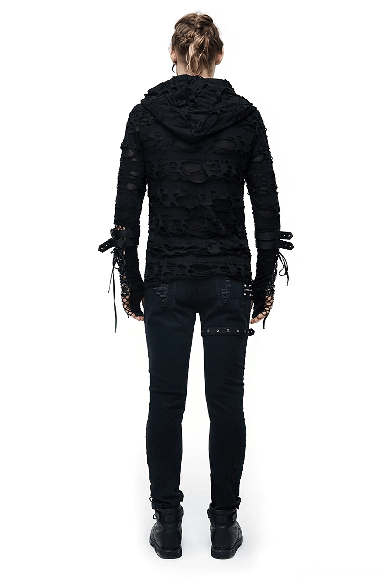 Male model back view wearing black gothic ripped hoodie, all-black distressed hooded design with lace-up fingerless gloves