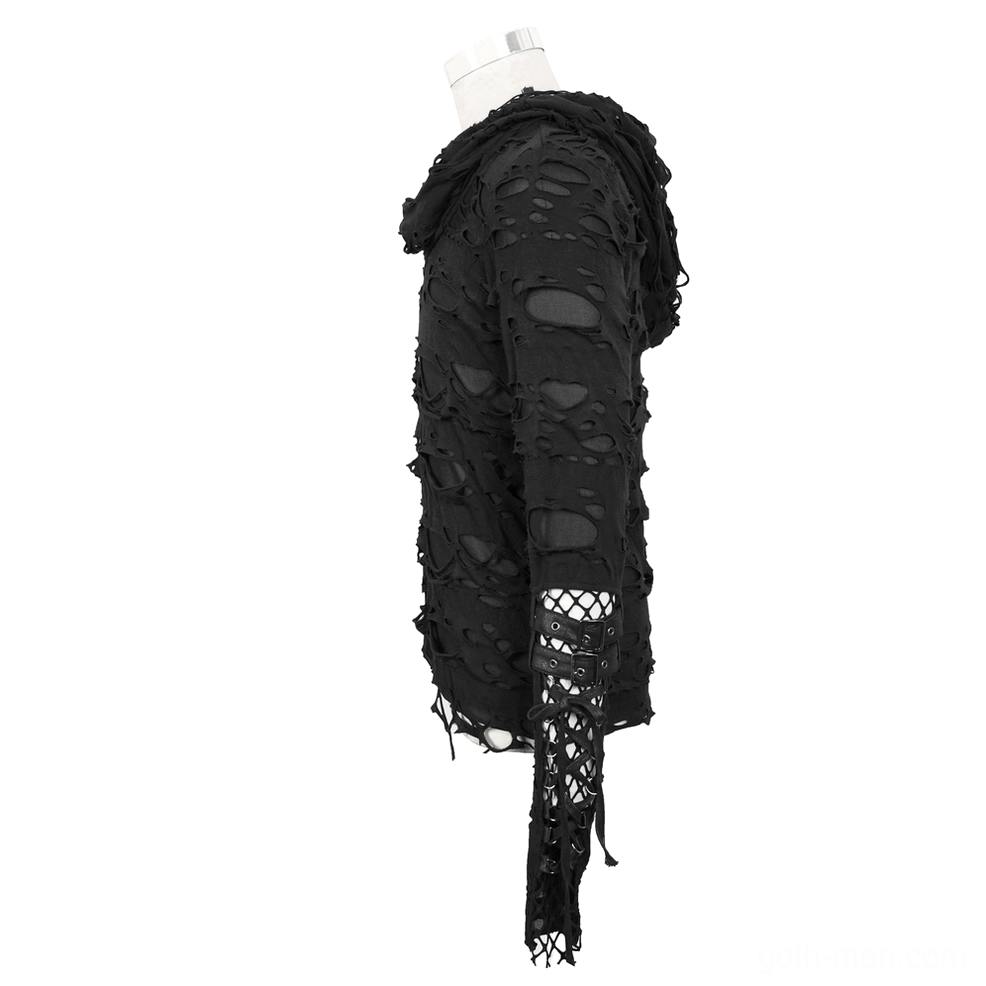 Black gothic ripped hoodie on mannequin side view, distressed cut-out fabric with mesh sleeve panel detail