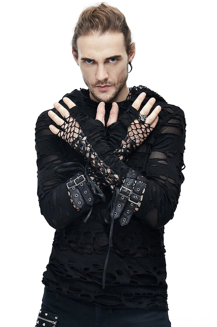 Slim fit black gothic ripped hoodie upper body detail, male model wearing lace-up fingerless gloves