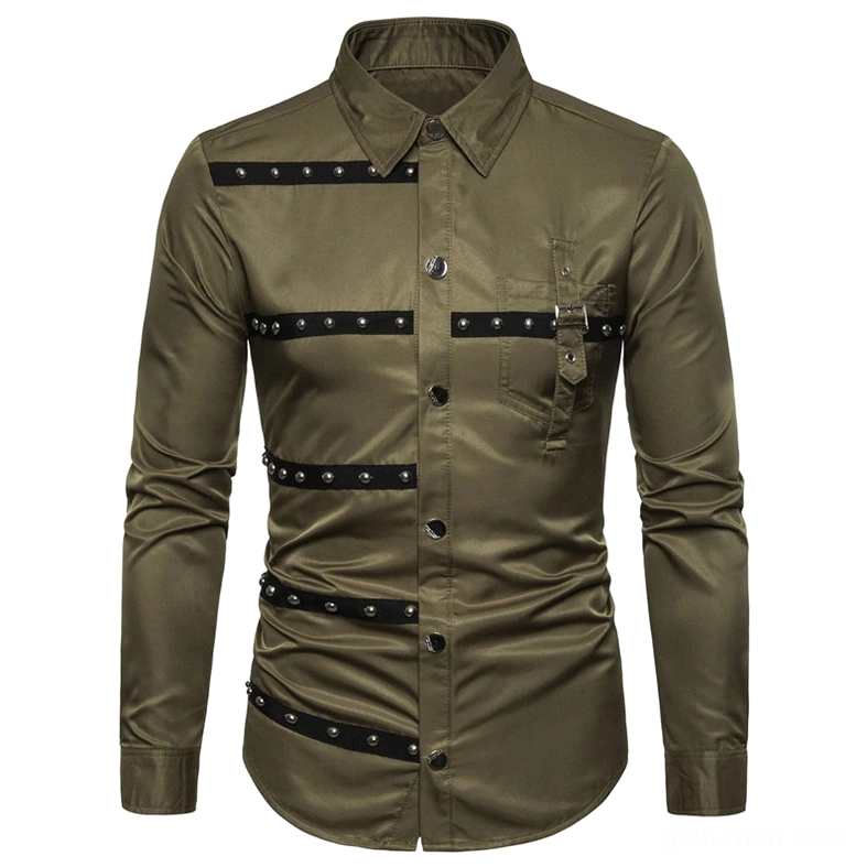 Gothic rivet long sleeve shirt front view in army green with asymmetric metal rivet strap details