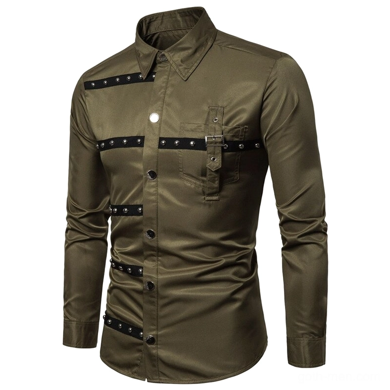 Gothic rivet shirt front side angle army green with metal buttons and rivet straps