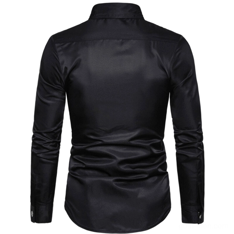 Gothic rivet shirt back view sleek black satin fabric clean minimalist design