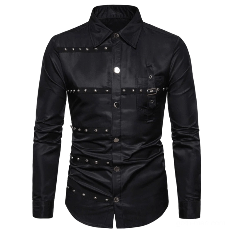 Black gothic rivet shirt front view with full rivet strap decorations industrial style