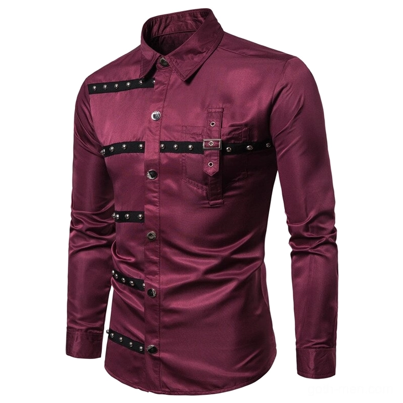 Burgundy gothic rivet shirt front view with adjustable metal buckle chest strap