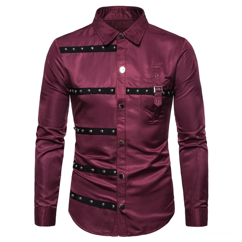 Burgundy wine red gothic rivet long sleeve shirt front view industrial dark fashion