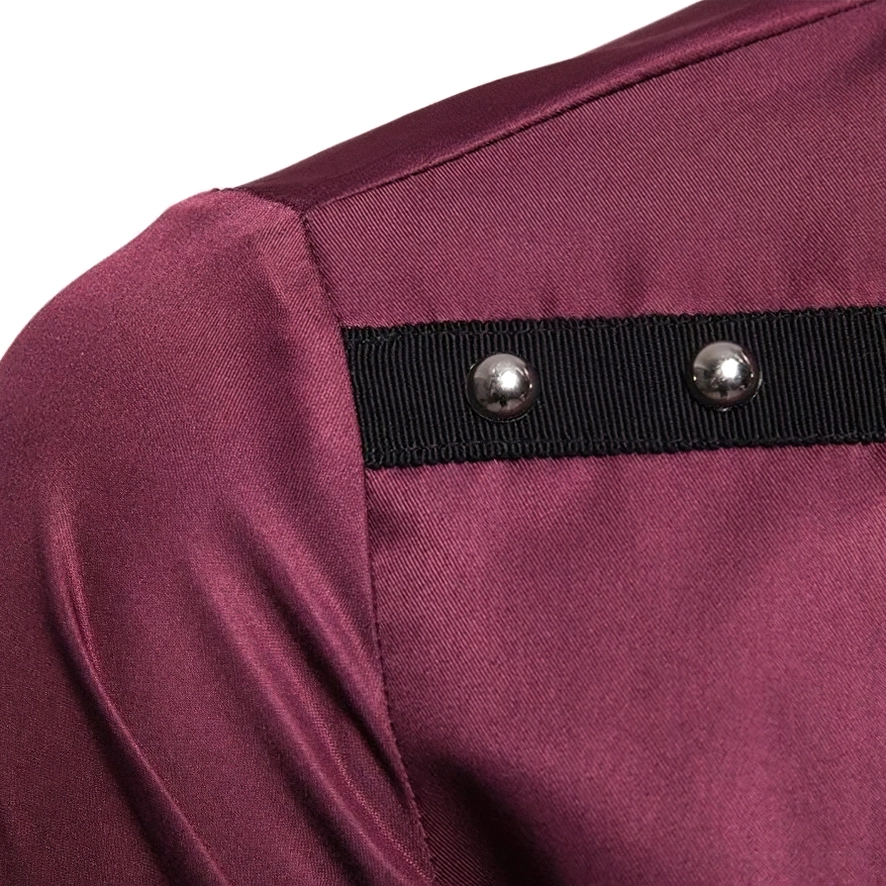Gothic rivet shirt shoulder close-up burgundy fabric black strap with metal rivets detail