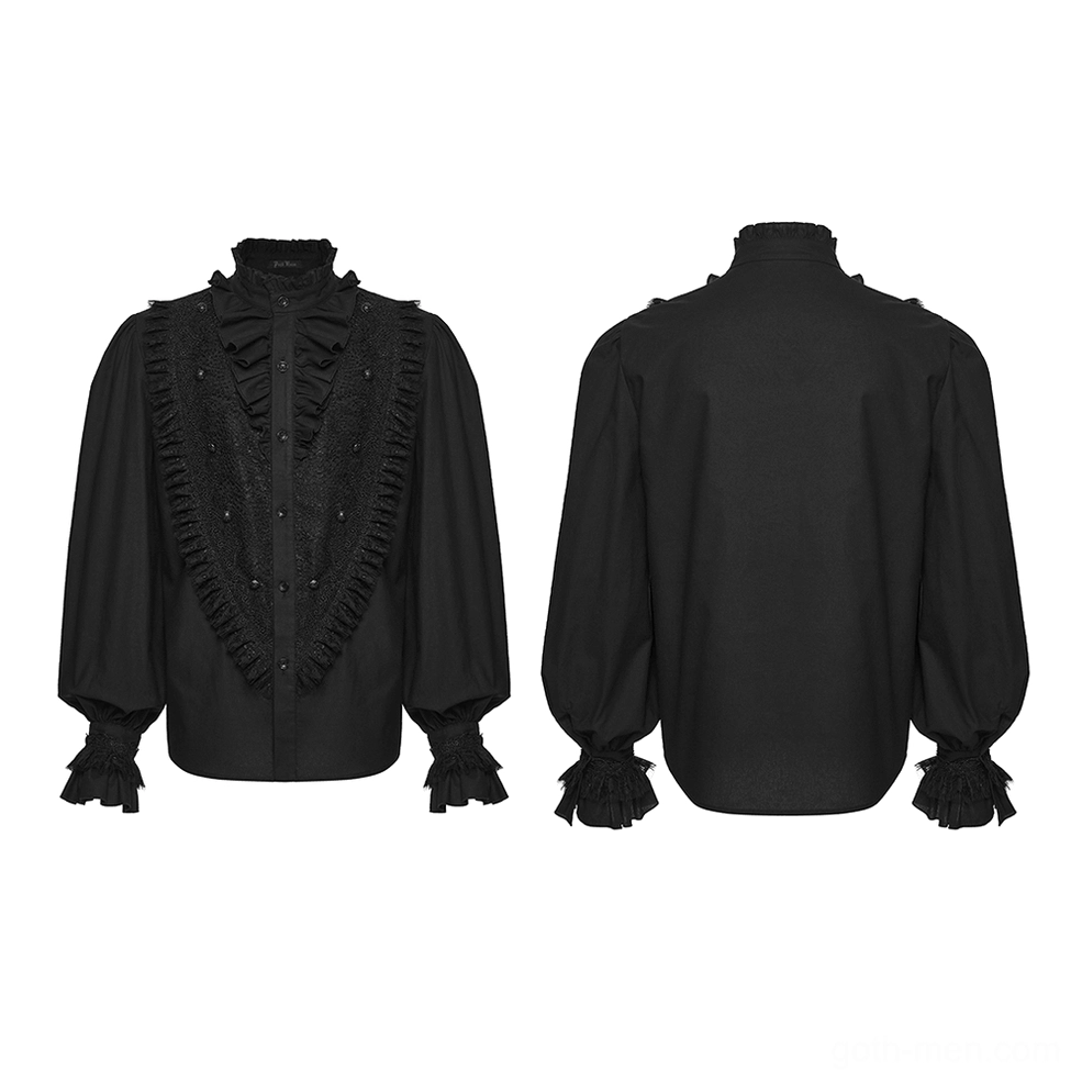 Victorian gothic ruffle lace shirt flat lay front and back - black cotton with polyester lace panel, ruffled collar and decorative buttons