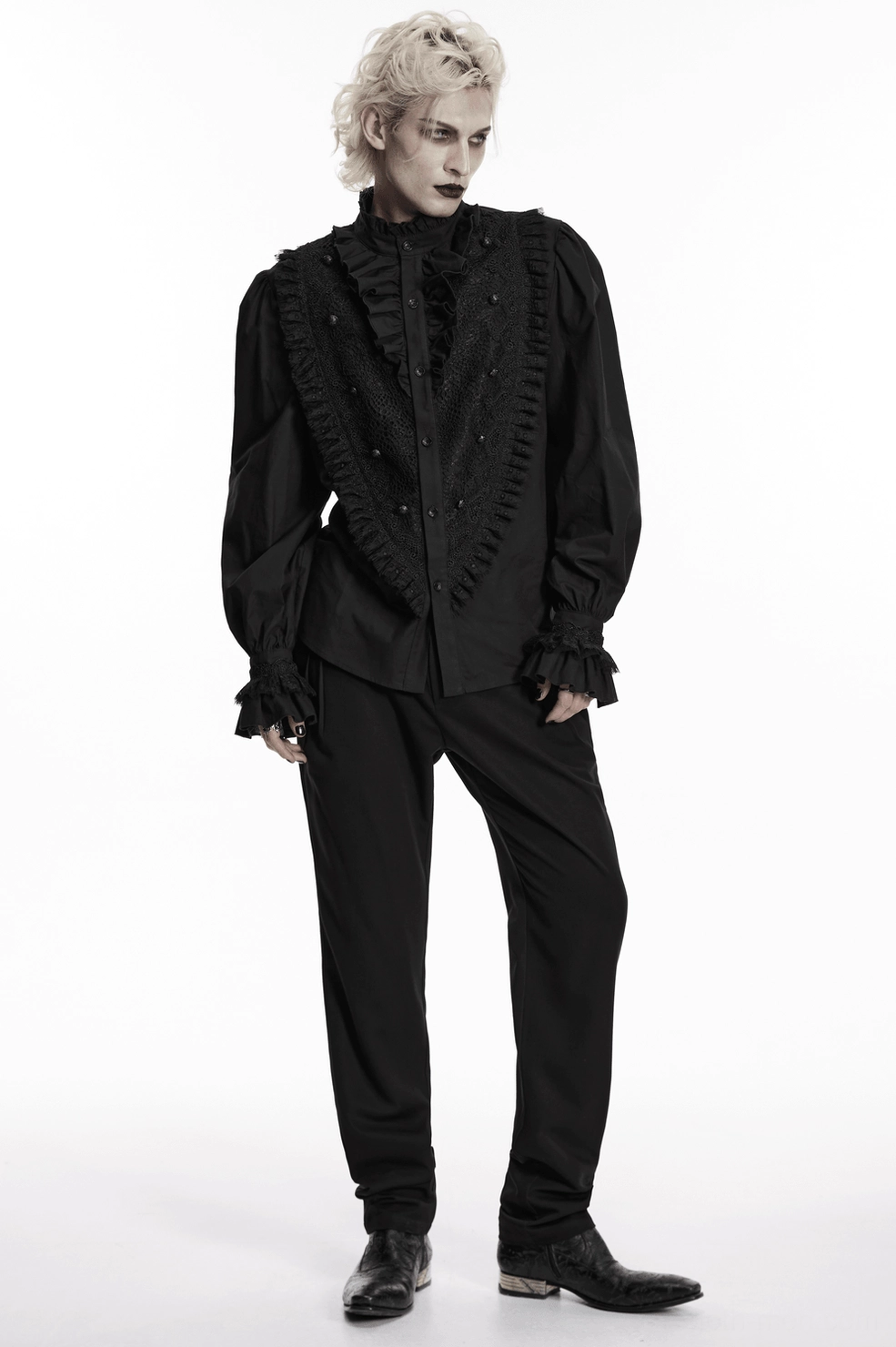 Gothic ruffle lace shirt hanging display - full garment view showing lantern sleeve volume and ruffled collar silhouette