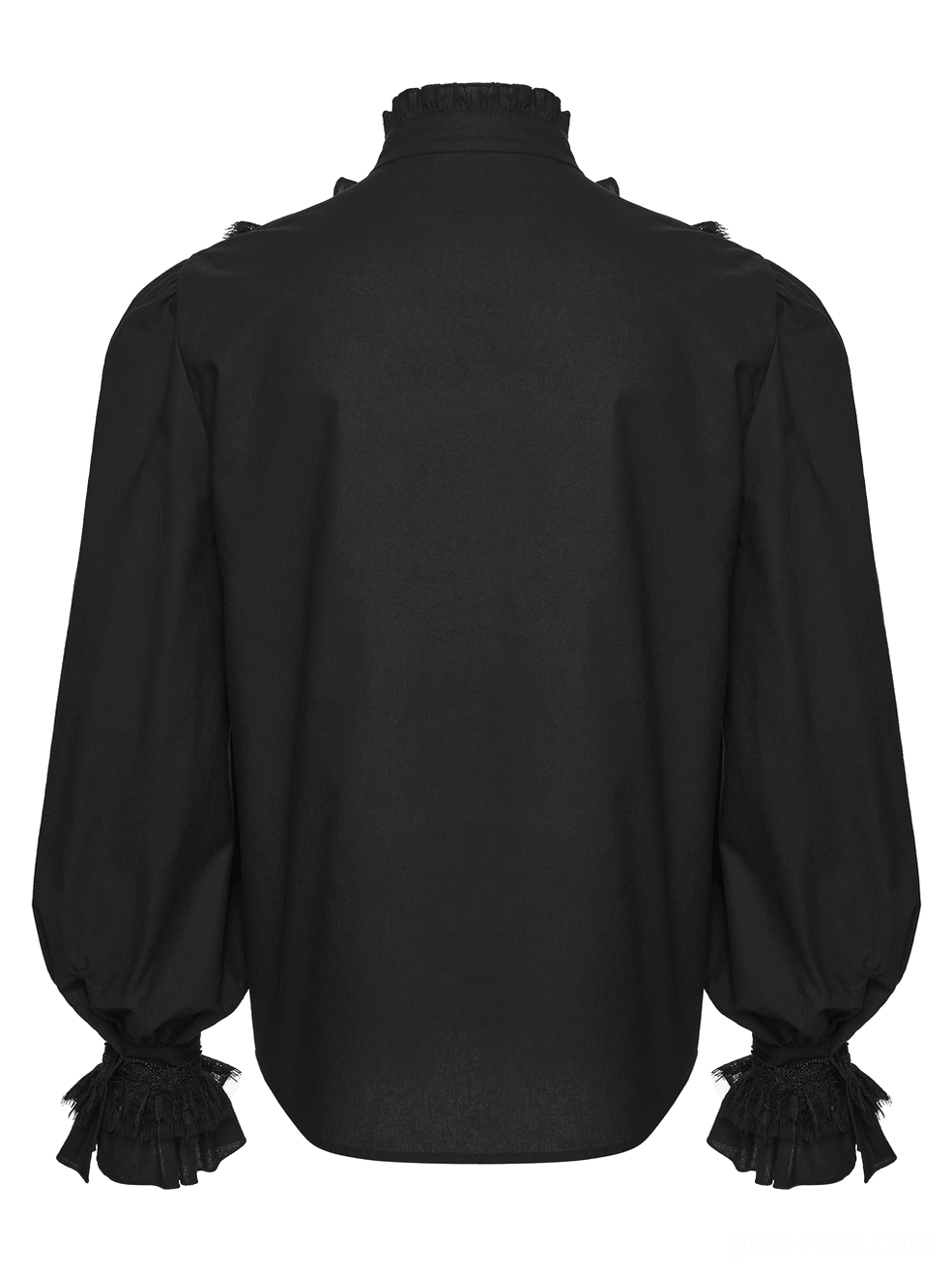 Victorian gothic shirt rear flat lay - solid black back panel with dramatic ruffled lantern sleeve cuffs and structured construction