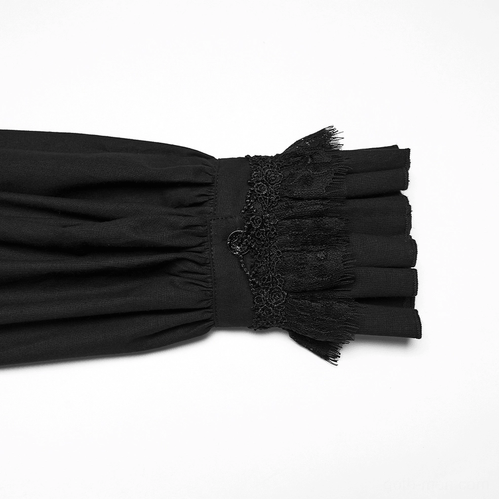 Victorian gothic ruffle lace shirt overall construction detail - lantern sleeves, ruffled cuffs, and structured black cotton with lace overlay