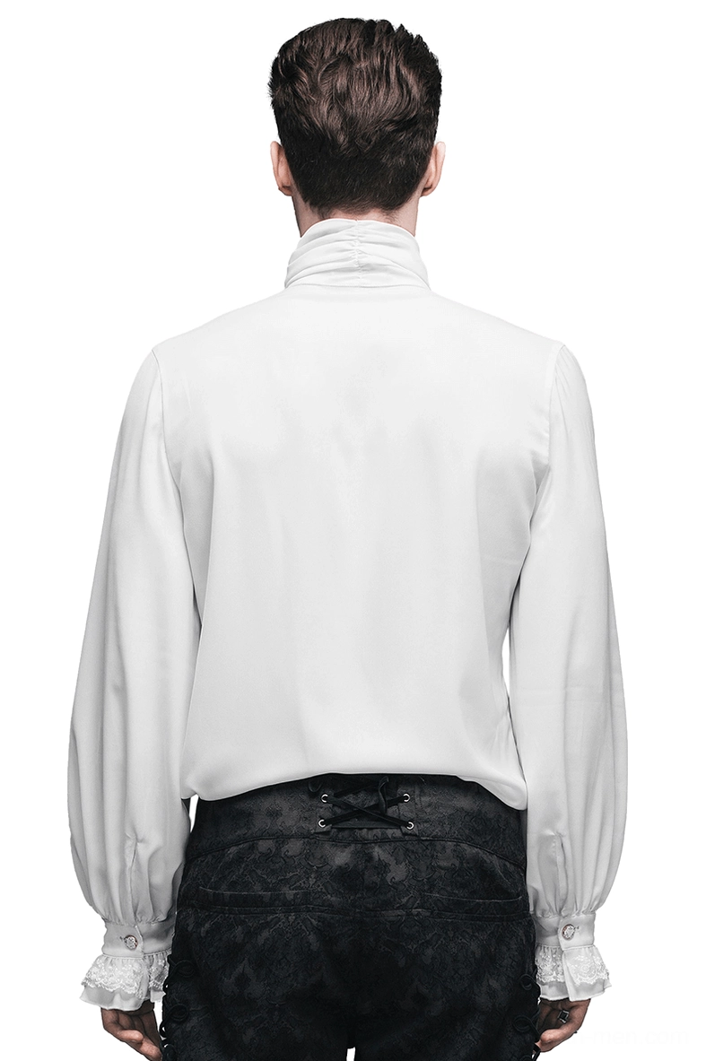 Victorian steampunk white ruffled shirt back view, male model with structured collar detail
