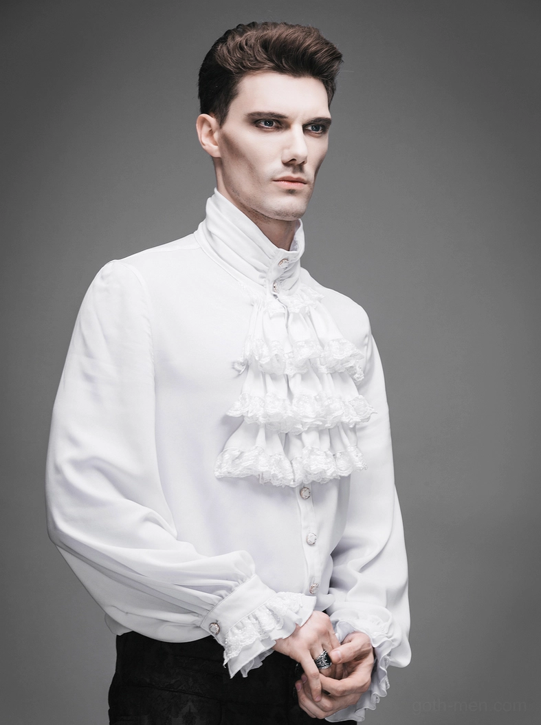 Three-quarter side pose of white gothic steampunk ruffled dress shirt, male model hands crossed