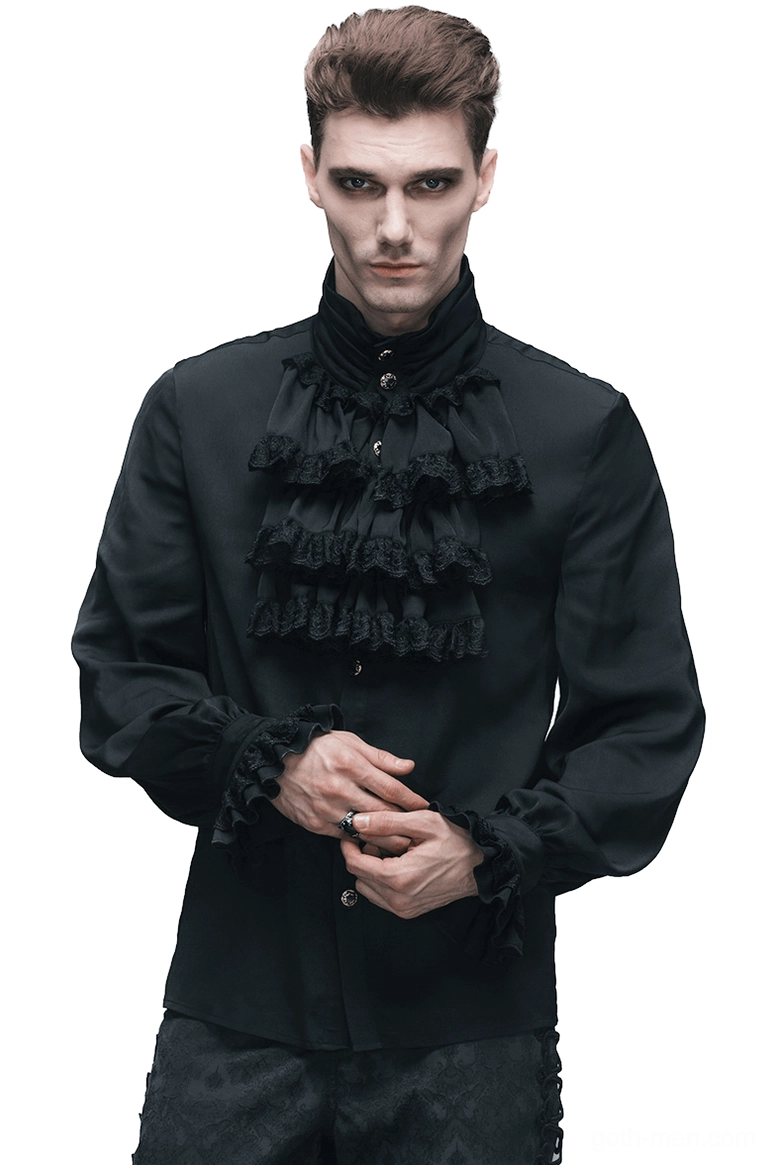 Front view of Victorian Gothic ruffled jabot tie shirt worn by male model, showcasing ornate ruffled collar and buttoned cuffs in black polyester