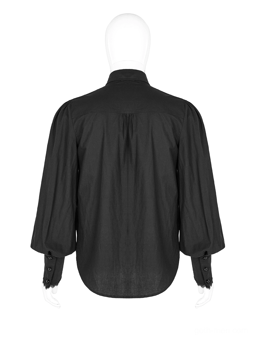 Rear mannequin view of goth ruffled shirt featuring gathered back fabric and curved hem