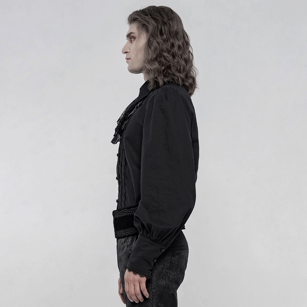 Black gothic cotton ruffled shirt lifestyle shot demonstrating dark romantic aesthetic