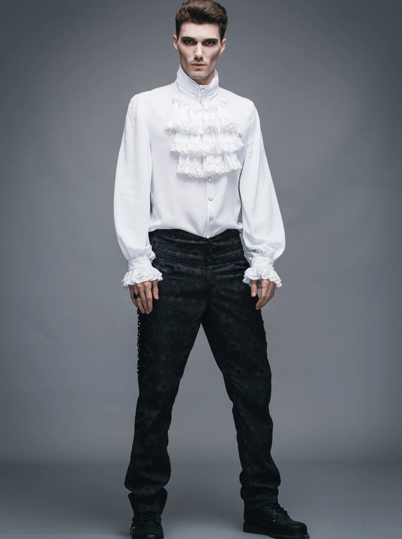 White victorian gothic ruffled dress shirt size chart with measurements in inches and centimeters