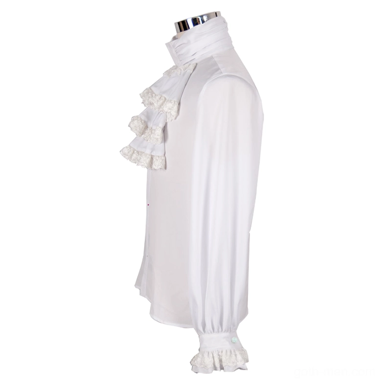 Three-quarter side view of white sheer ruffled dress shirt with embroidered lace cuff details