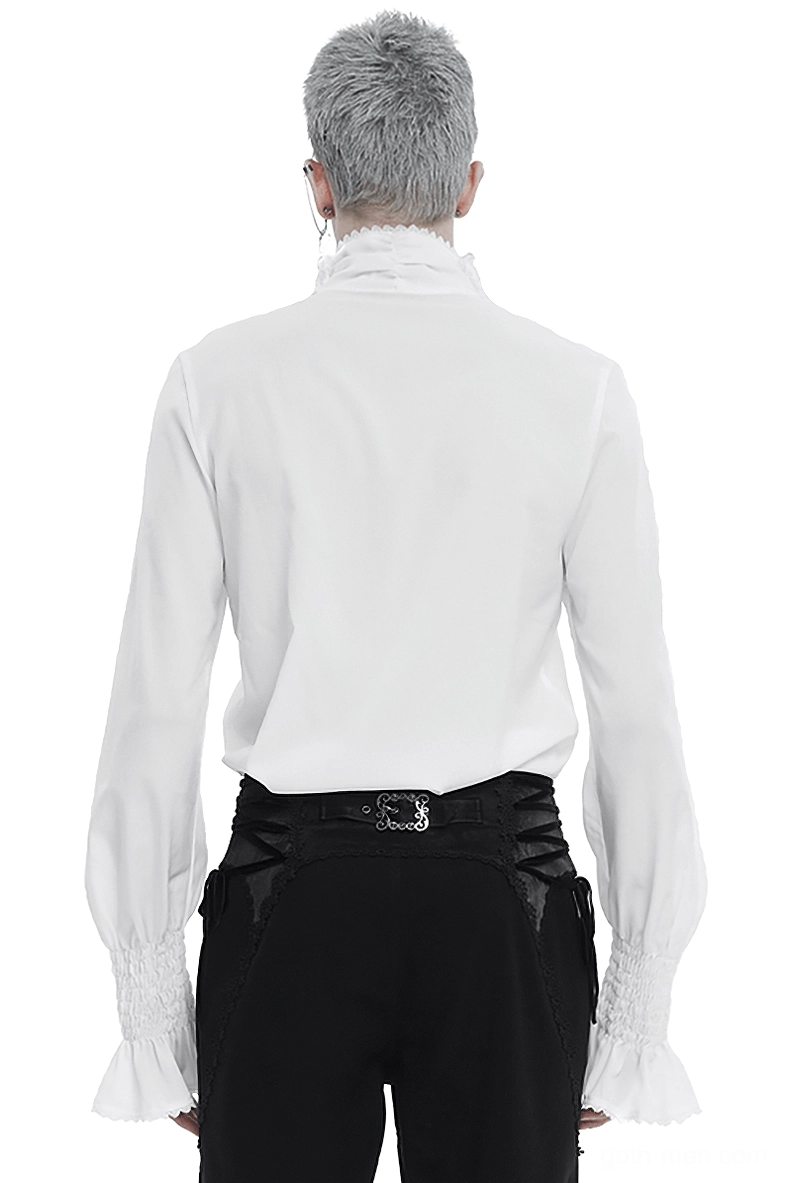 Gothic white ruffled shirt rear view showing structured back and bell cuffs with lace trim