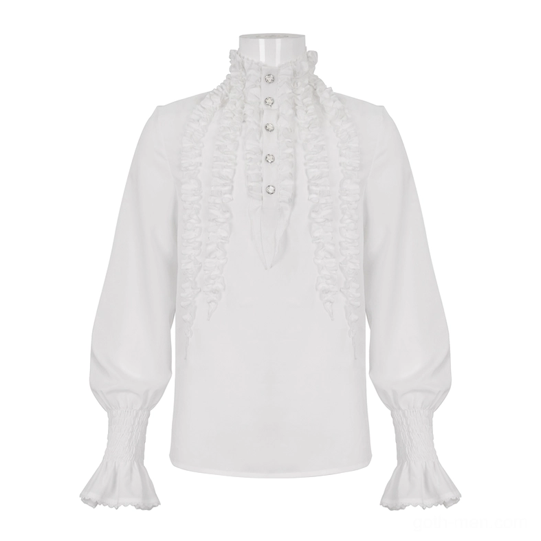 Men's gothic ruffled white shirt flat lay front with stand collar and laced cuff details
