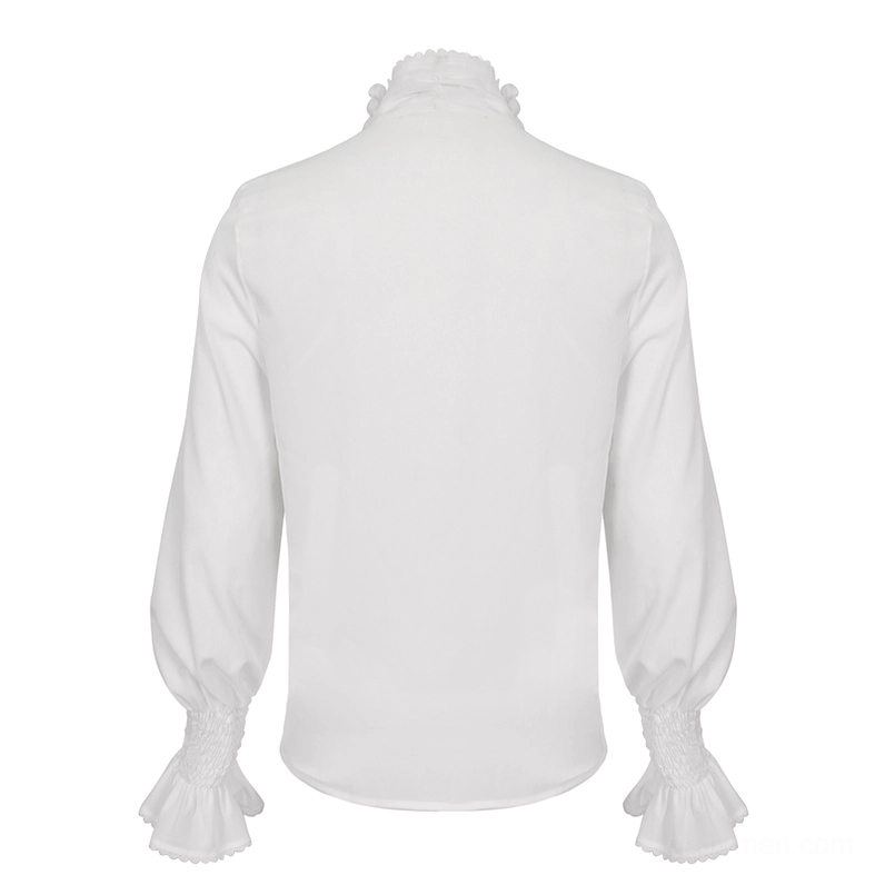 Alternative fashion white ruffled shirt rear flat lay showing lace-trimmed bell cuffs