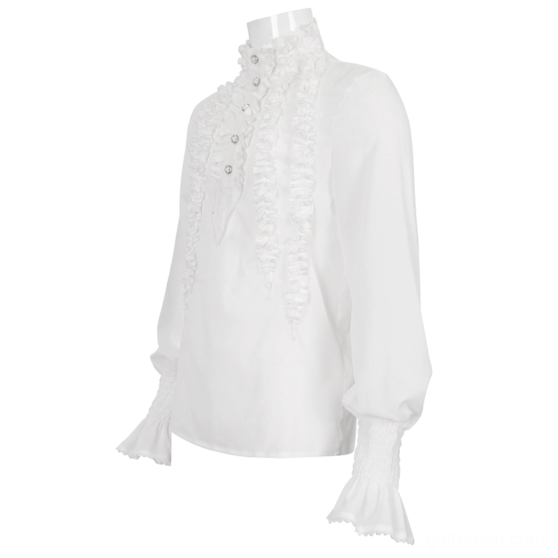 White gothic ruffled dress shirt three-quarter angle view with flowing bishop sleeves