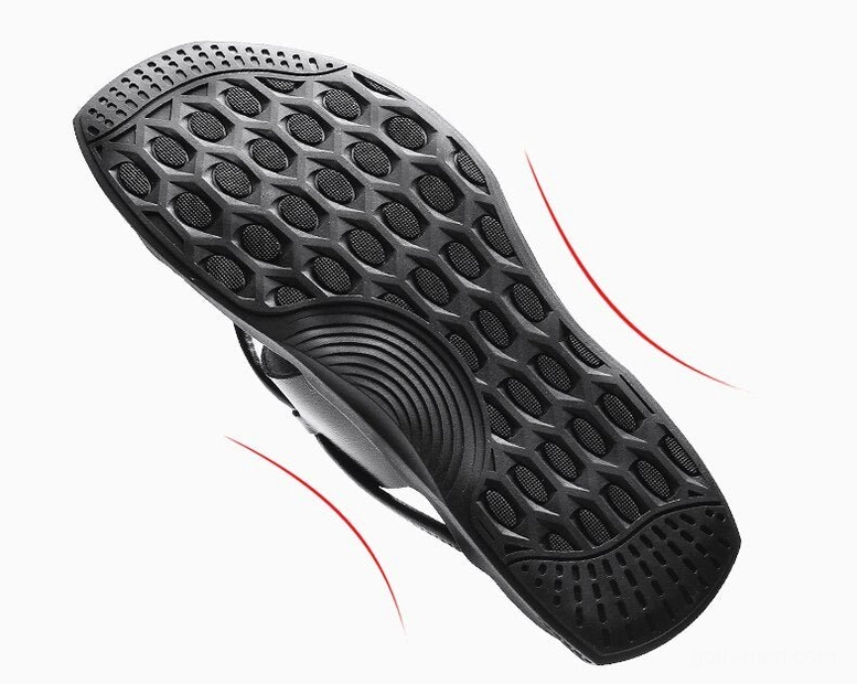 Bent demonstration of gothic sandal sole showing foldable flexible construction for comfort