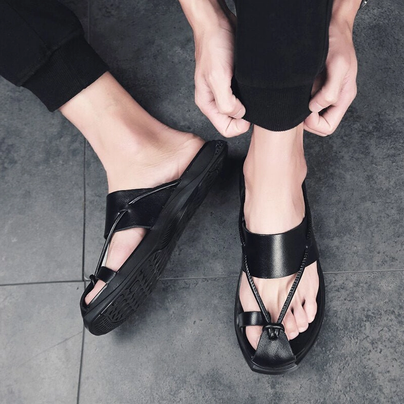 Close-up detail of gothic sandal construction showing quality genuine leather craftsmanship