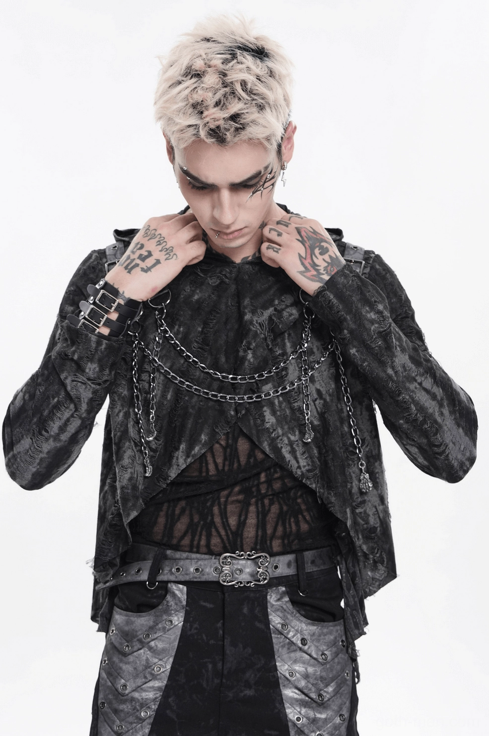 Black gothic hooded chain top with sheer mesh panel and layered wrap front design