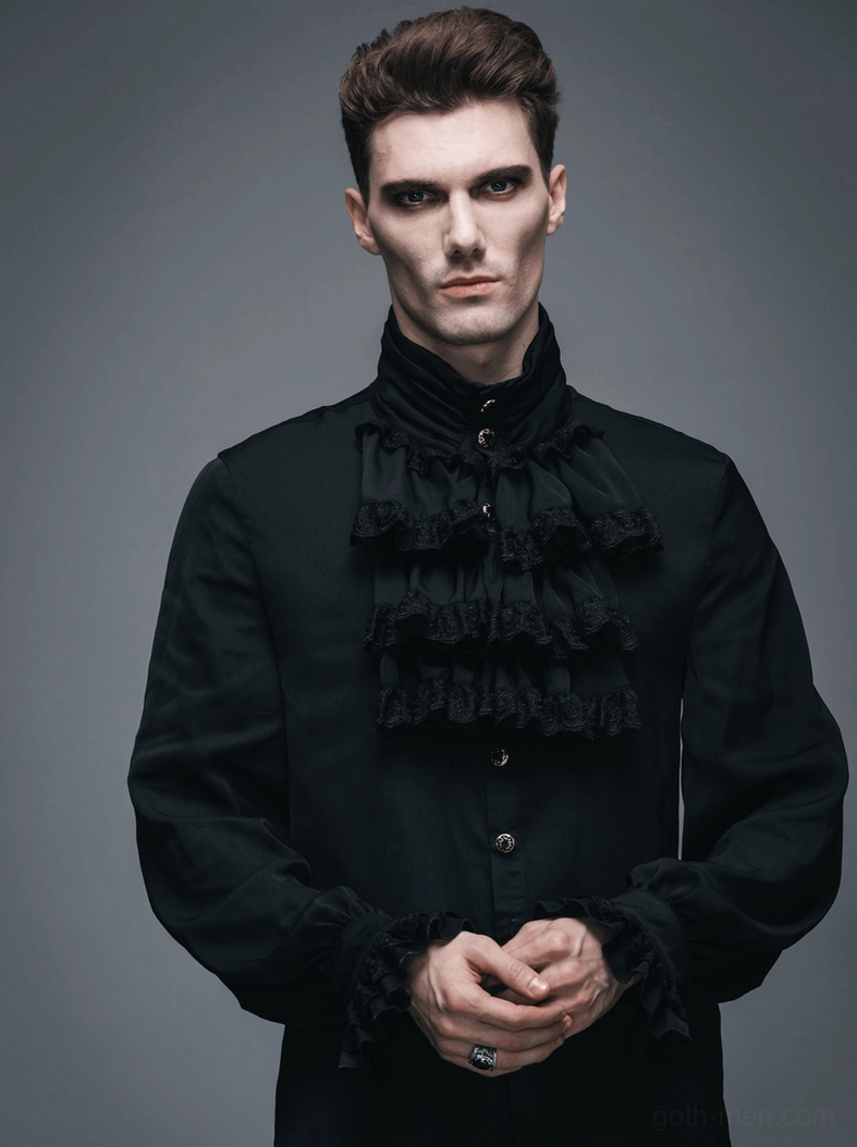 Alternative styling view of black ruffled Gothic shirt worn with formal alternative fashion accessories and dark aesthetic