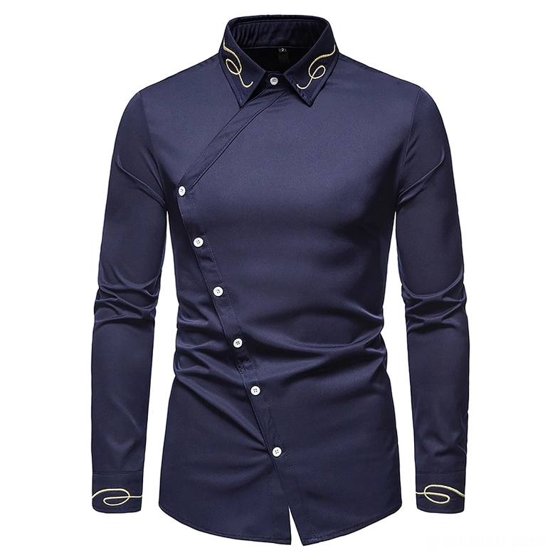 Gothic asymmetric shirt front diagonal view highlighting slanted button placket design