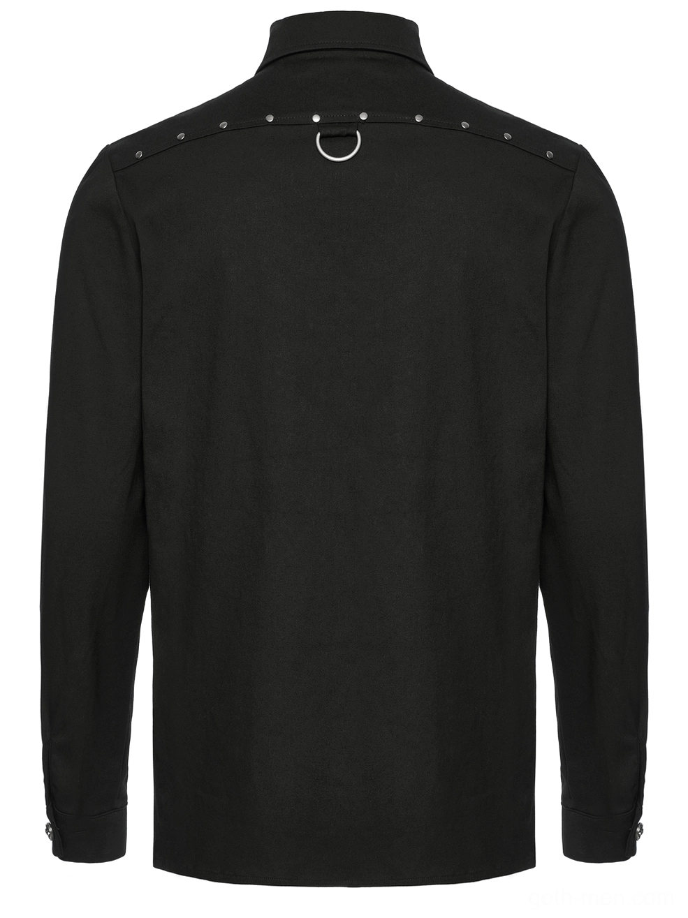 Black gothic shirt rear flat lay showing central back D-ring shoulder stud trim and fine twill weave texture