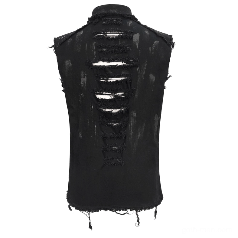 Gothic sleeveless shirt back full view showing vertical hollowed rips, frayed hem, and faded washed black fabric finish
