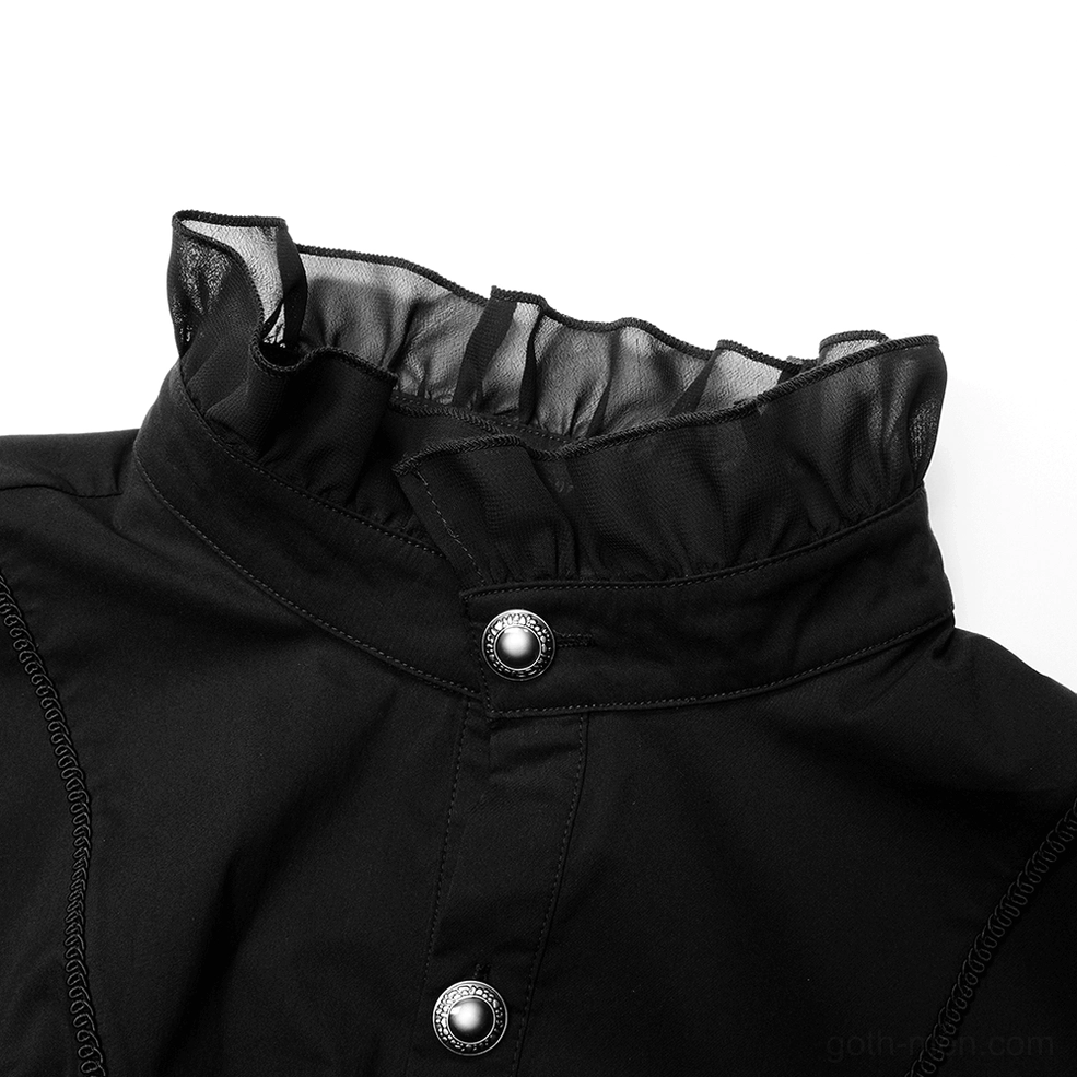 Detailed close-up of ruffled collar trim and silver front buttons on black gothic dress shirt