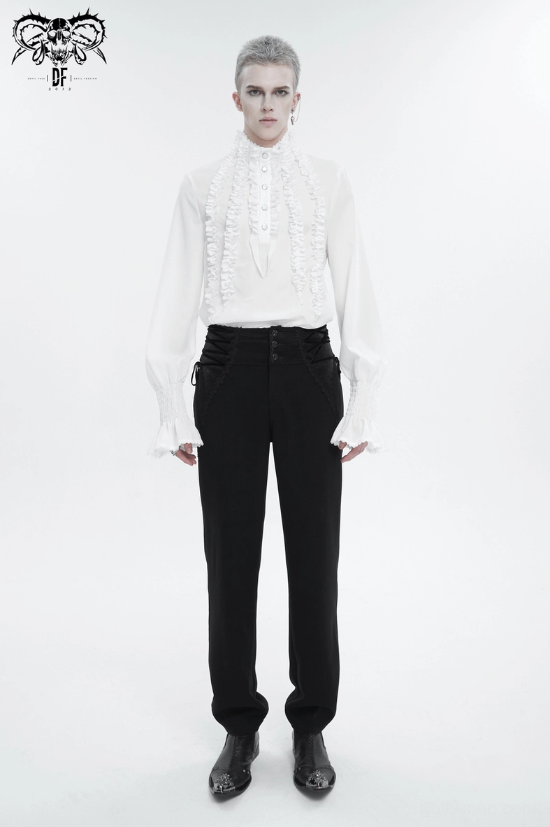 Dramatic ruffled white gothic shirt front placket and laced cuff presentation detail