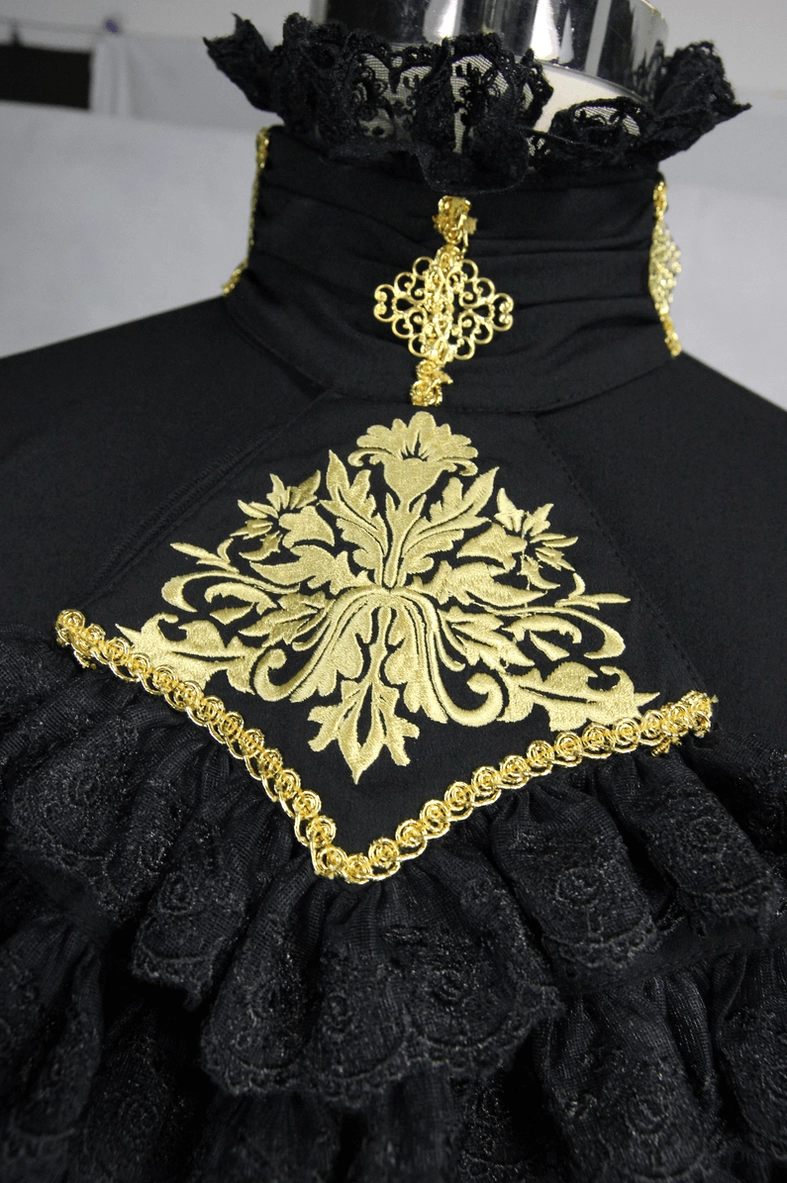 Black gothic stand collar shirt with embroidered gold ruffle chest ornament and button placket detail