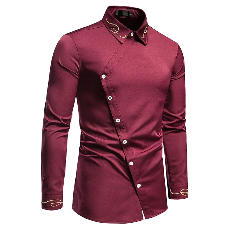 Gothic asymmetric shirt close-up of embroidered collar detail with gold threading