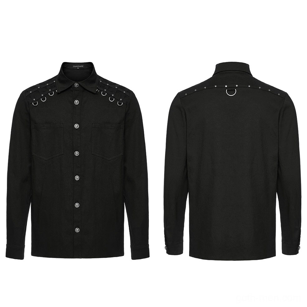 Black gothic studded shirt front and rear flat lay comparison showing full silhouette twill fabric and metal shoulder hardware