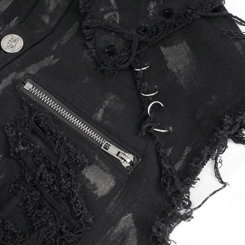 Gothic sleeveless shirt front detail showing metal zipper pocket, ripped frayed panels, and metal C-ring trims
