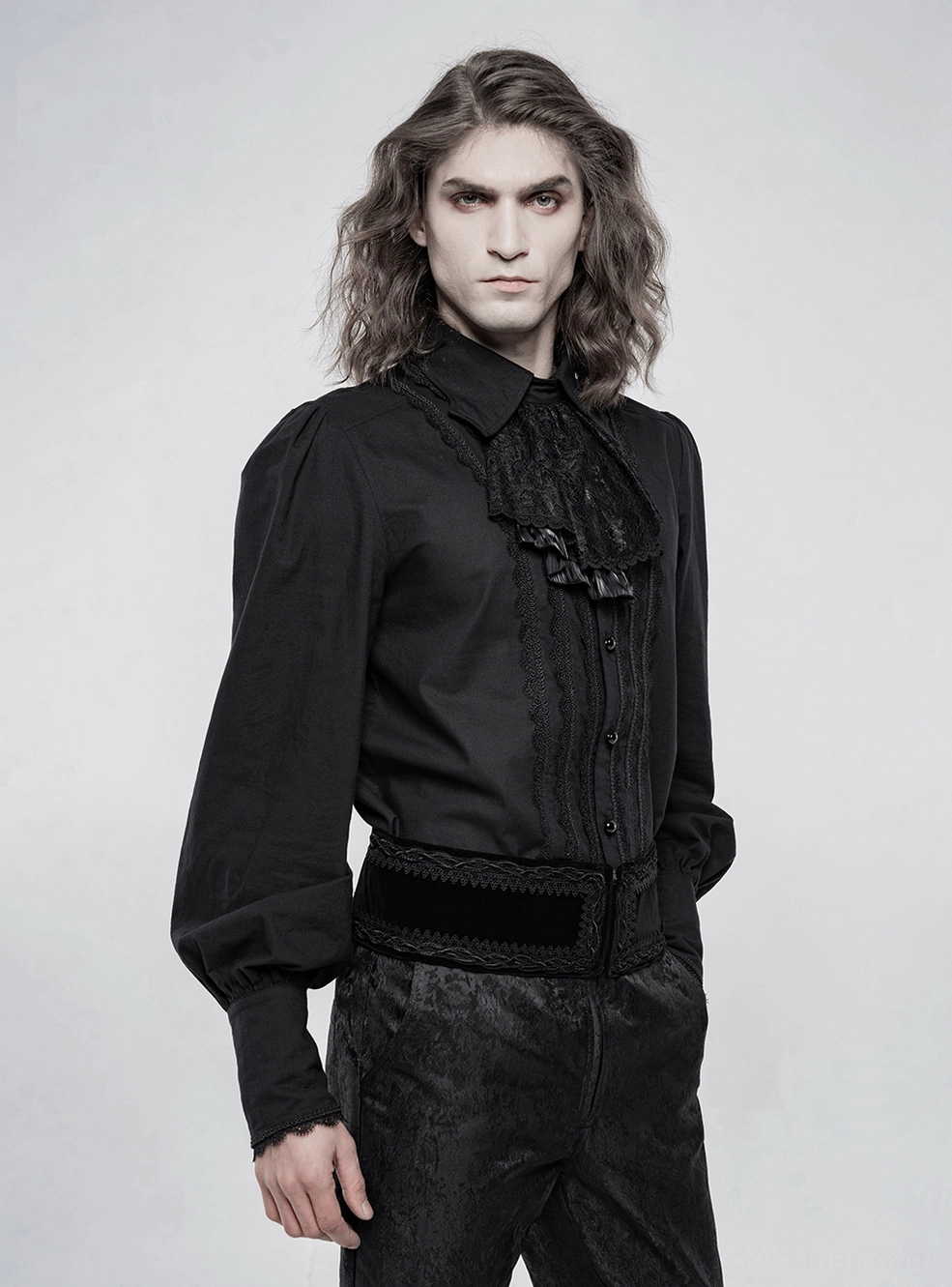 Gothic black cotton shirt removable bow tie and adjustable neckline detail