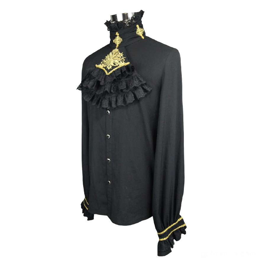 Black gothic dress shirt with embroidered gold ruffle chest piece and stand collar, front three-quarter mannequin view
