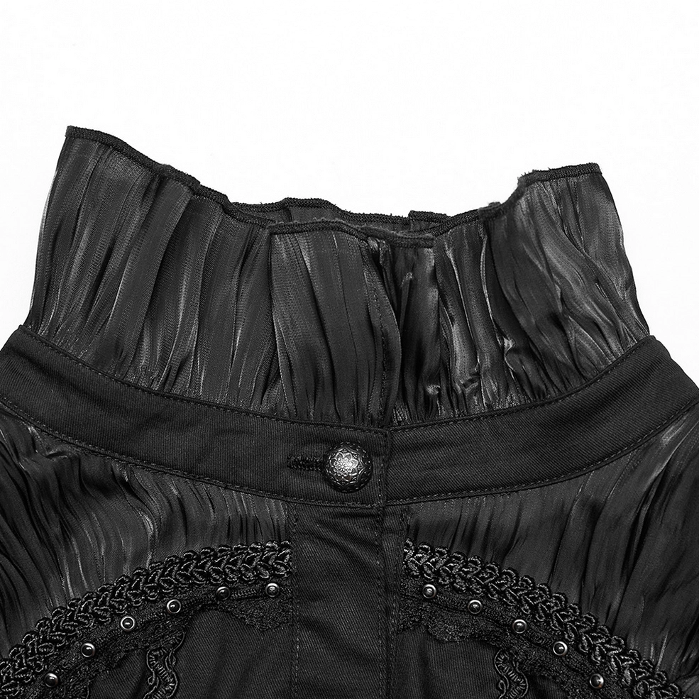 Gothic ruffled collar close-up detail showing crinkled sheer fabric texture and decorative front button